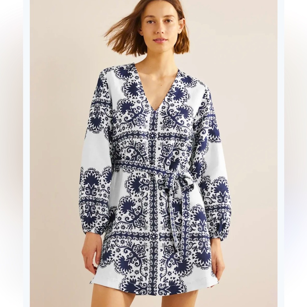 Boden NWT Linen V-Neck Tie Waist Mini Kaftan Navy/White Sz 16-18 Long